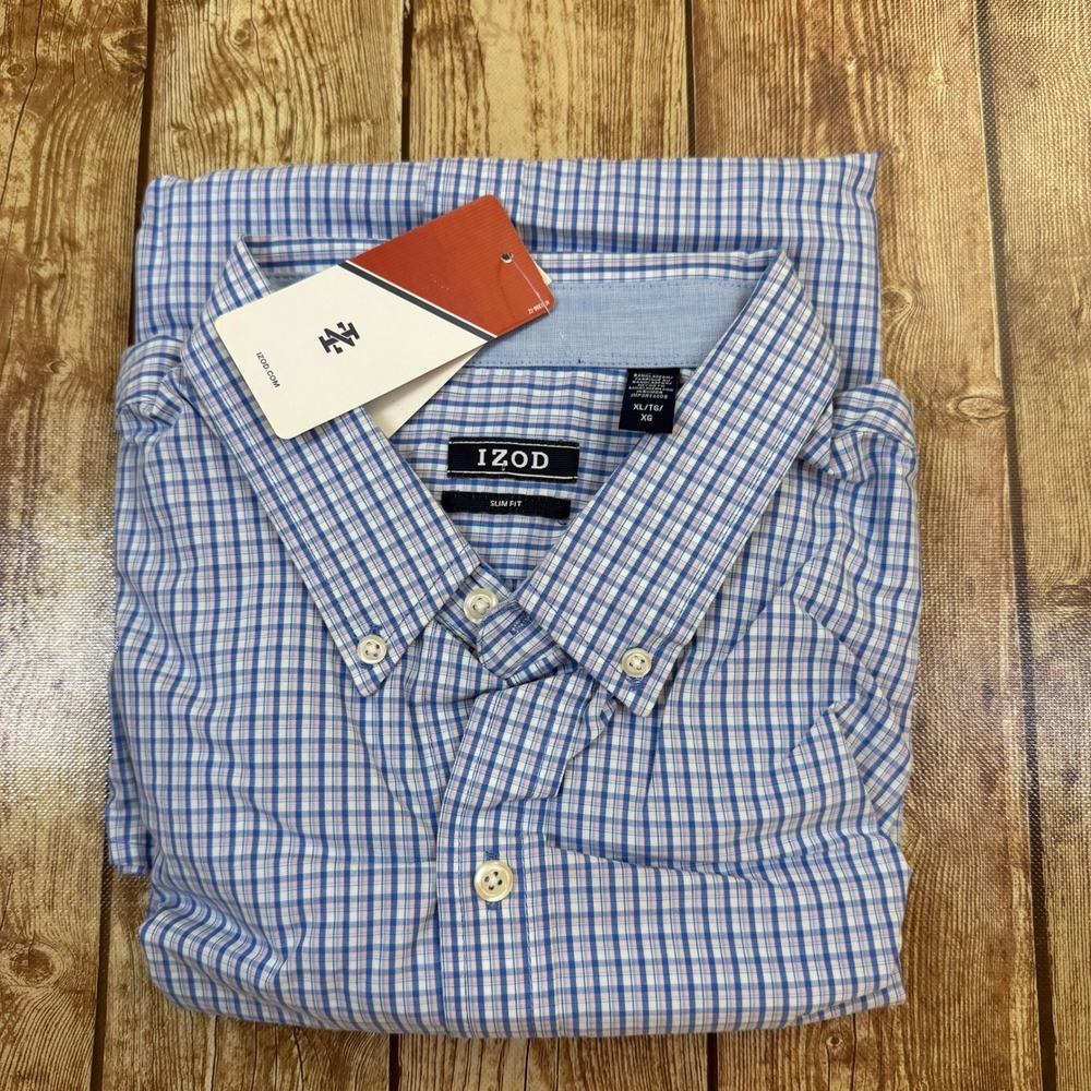 IZOD Slim Fit Button Up Shirt Mens Extra Large Blue Check Long Sleeve Cotton NWT